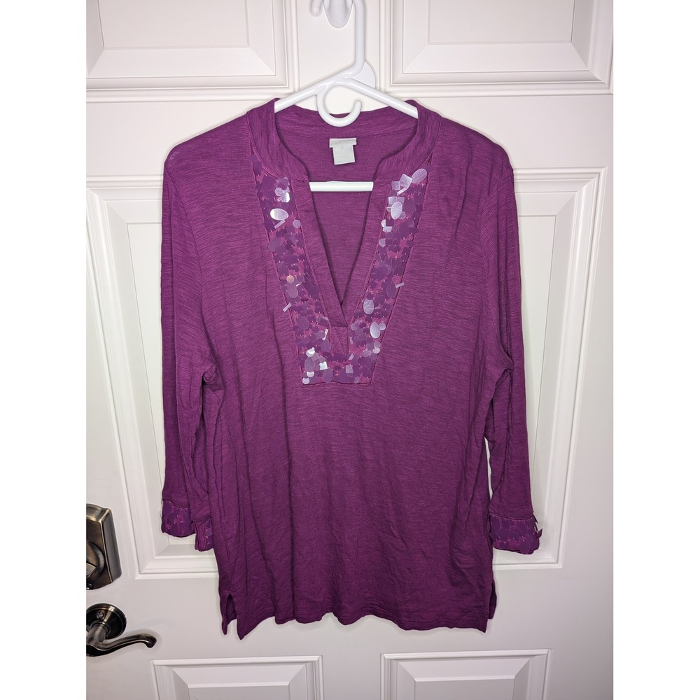Chico's Tunic Top Blouse Size Large Magenta Purple Sequin Embellished Boho Fall